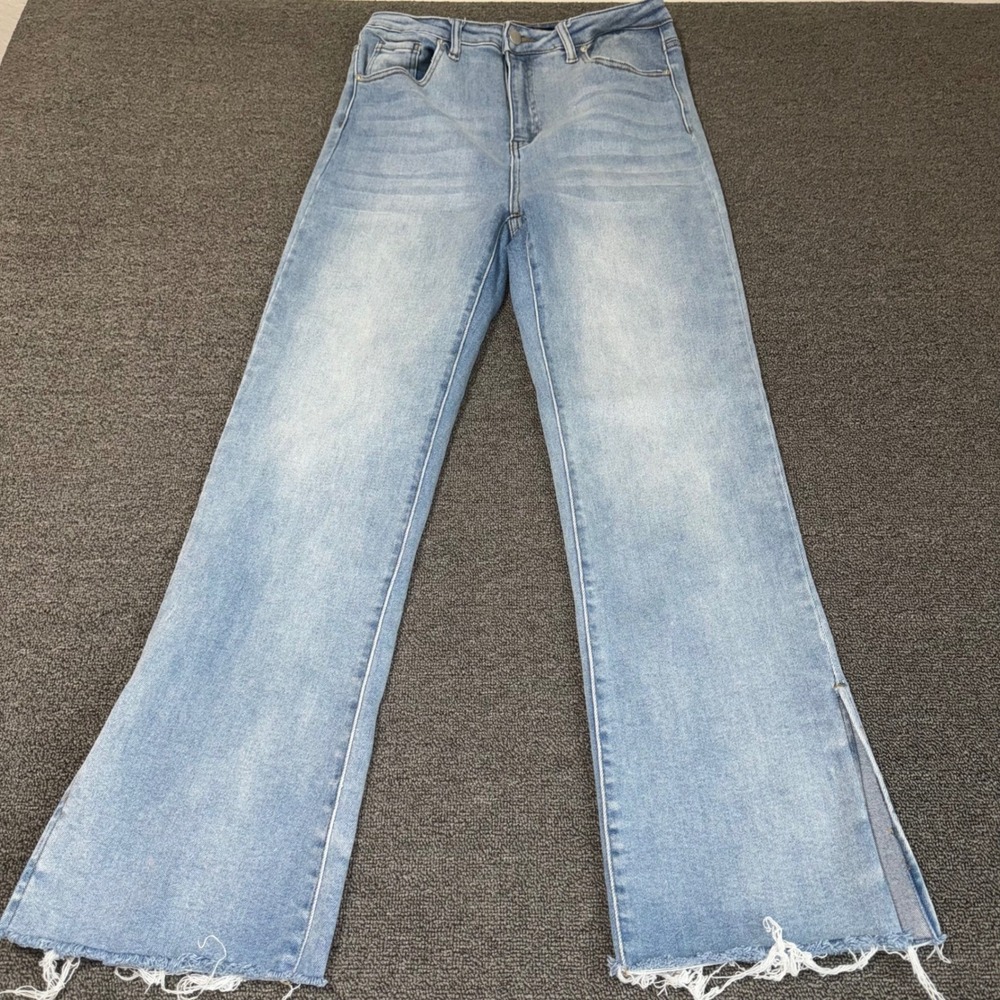 Risen Los Angeles High Rise Flare Jeans Light Wash Raw Hem Side Slit Women's 13